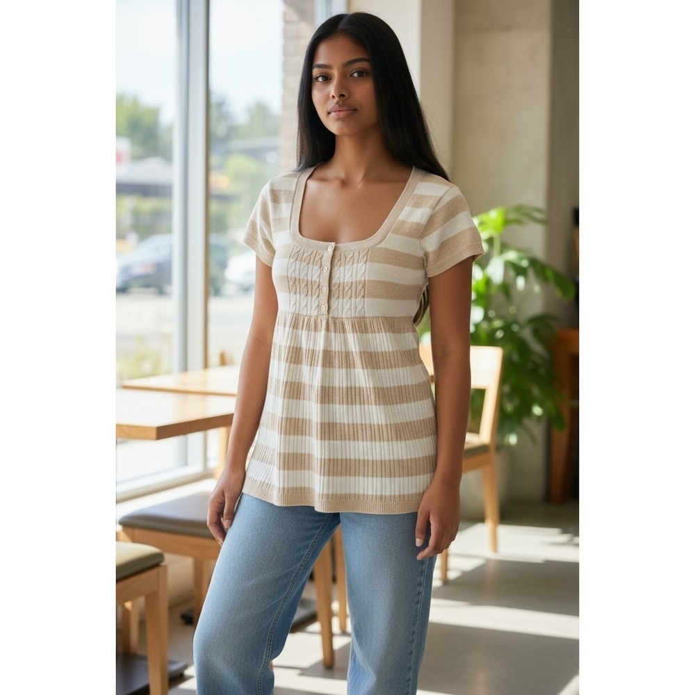 😻 Hollister White/Beige Babydoll Henley Cable Knit Scoop Neck XSmall Preppy